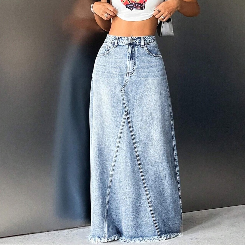 Boho Light Wash Raw hem Jean Denim Pockets Maxi Skirt - Picture 4 of 5